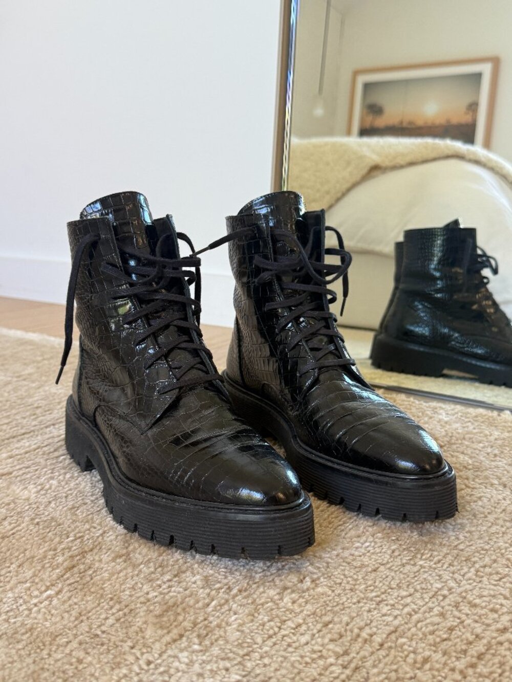 Freda Salvador Black Croc-Embossed Combat Boots